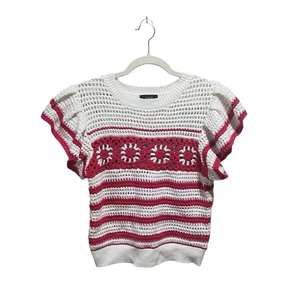 VICI Pink & White Cotton Blend Ruffle Sleeve Open Knit Crochet Top Size Small - Picture 2 of 5